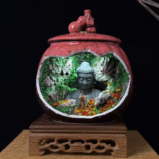 Front view of a round red-pink crackle-glaze lidded ceramic jar, featuring a large oval cave cutout revealing an illuminated miniature diorama of a giant stone Buddha head emerging from a mossy rock cave, with a small armoured Sun Wukong figurine and red and yellow wildflowers at the base, displayed on a carved wooden stand on a burlap mat