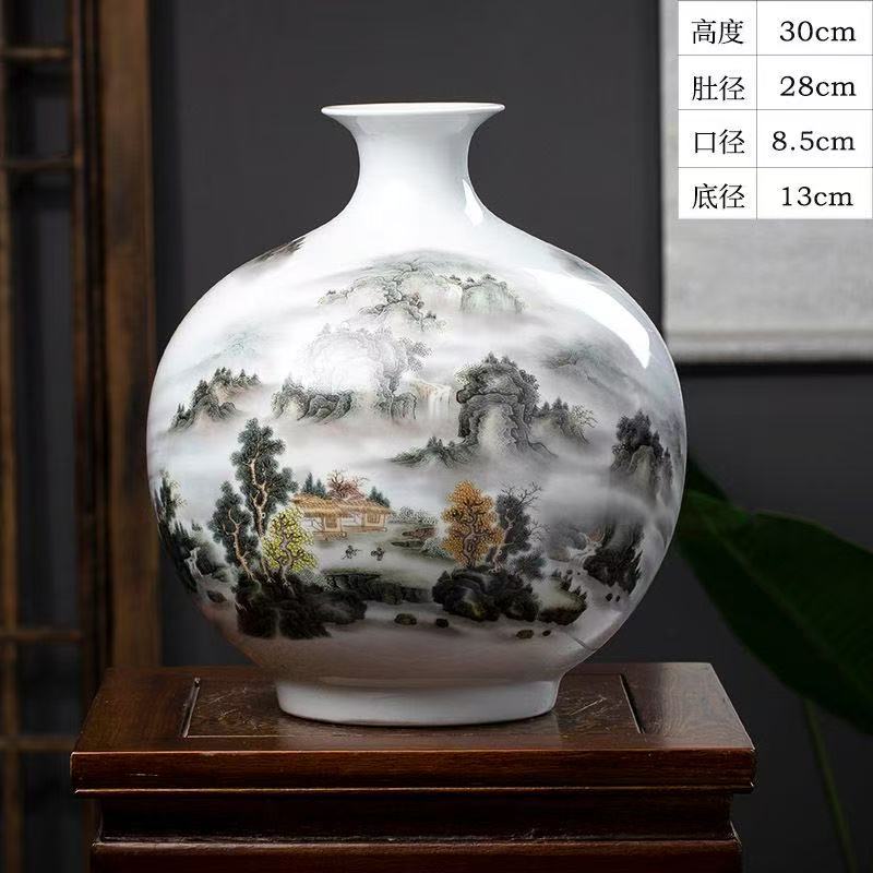 White round pomegranate porcelain vase decorated with a traditional Chinese ink landscape painting of mountains, trees, and a pavilion, displayed on a carved wooden stand with dimension specifications overlaid: height 30cm, belly diameter 28cm, mouth diameter 8.5cm, base diameter 13cm