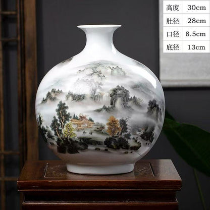 White round pomegranate porcelain vase decorated with a traditional Chinese ink landscape painting of mountains, trees, and a pavilion, displayed on a carved wooden stand with dimension specifications overlaid: height 30cm, belly diameter 28cm, mouth diameter 8.5cm, base diameter 13cm