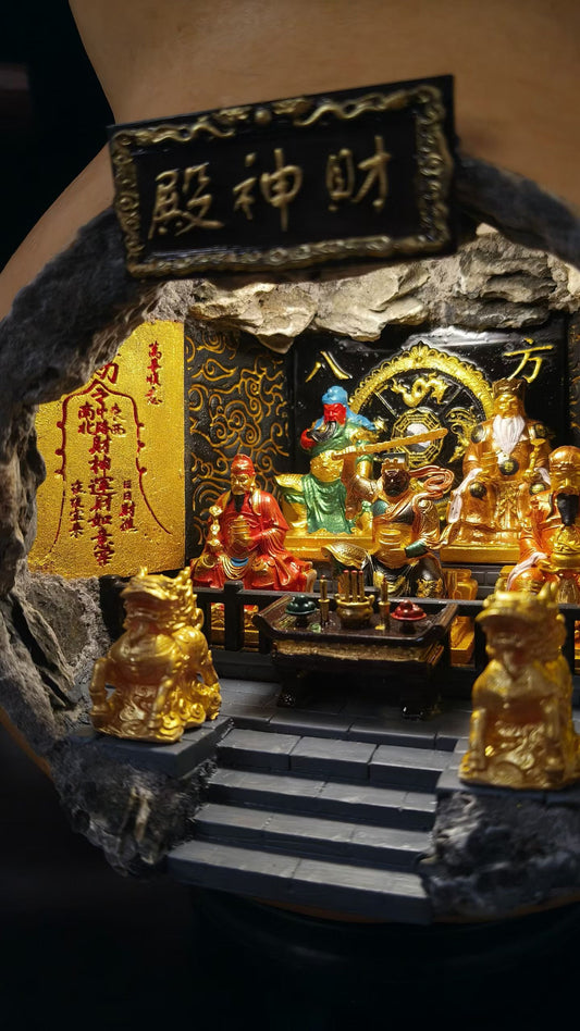 Left side angle of the Five Roads God of Wealth miniature shrine diorama (财神殿), showing deity figurines seated at the altar with a golden blessing scroll on the left wall and pixiu guardians flanking the entrance steps