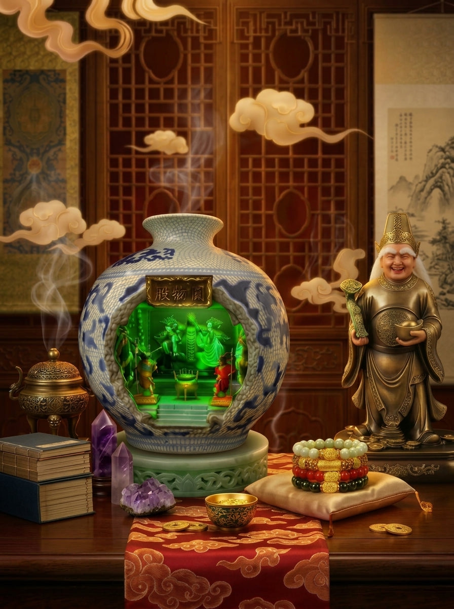 Decorative digital illustration of a blue-and-white porcelain vase with a glowing green interior and Chinese-style carvings, displayed on a wooden table with incense, books, bracelets, stacked books and a bronze deity statue in a richly detailed interior setting.
