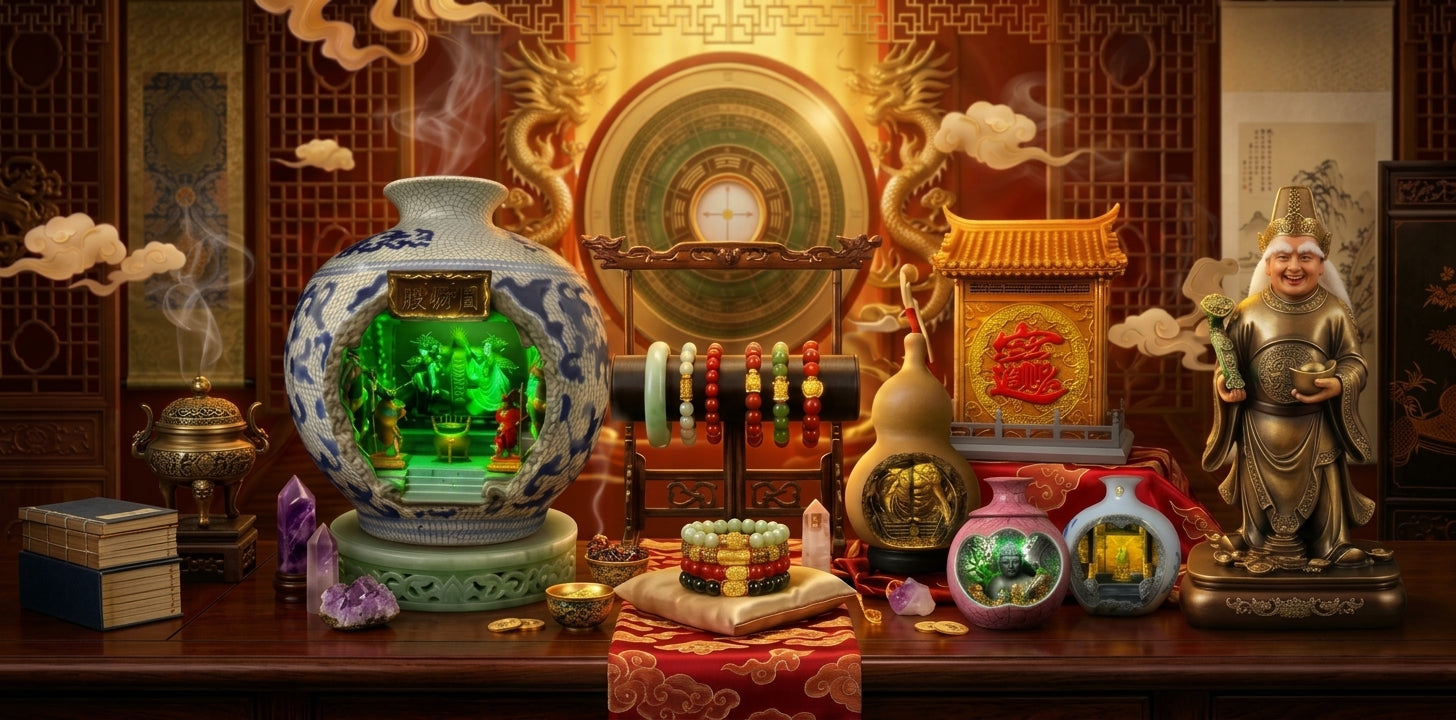 Decorative digital illustration of a traditional Chinese altar display featuring a blue-and-white porcelain vase with green glow, a gold Buddha statue, a natural gourd vessel, and various auspicious decorative items arranged symmetrically against an ornate carved wooden screen background